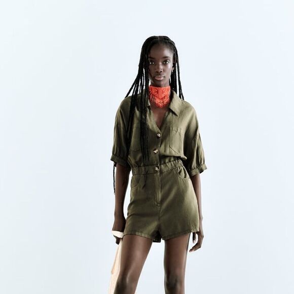 Zara Linen Blend Khaki Jumpsuit New - Picture 10 of 10